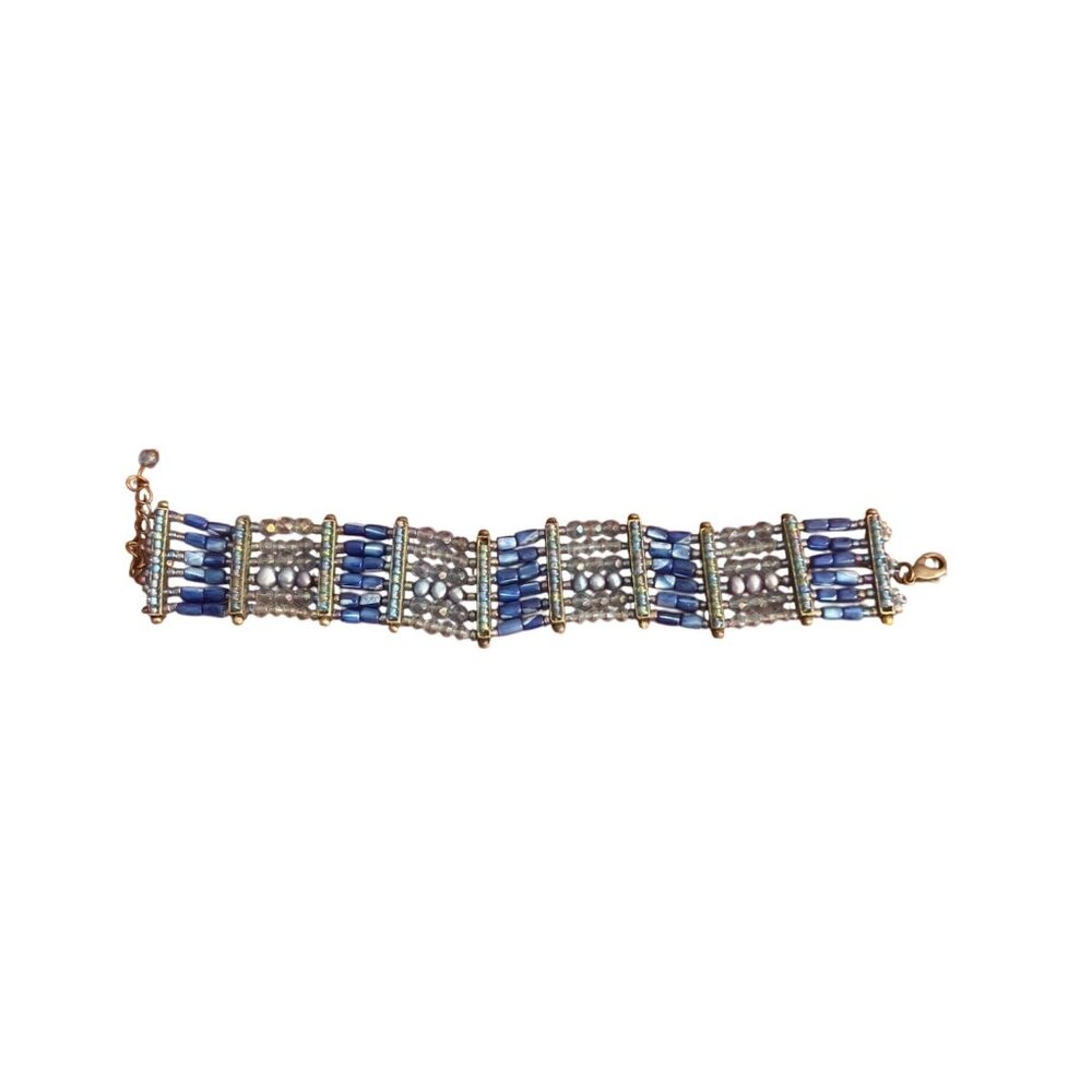 Vtg Sterling Silver Bracelet Glass Shell Beads Pearls Egyptian Revival Adj 8"
